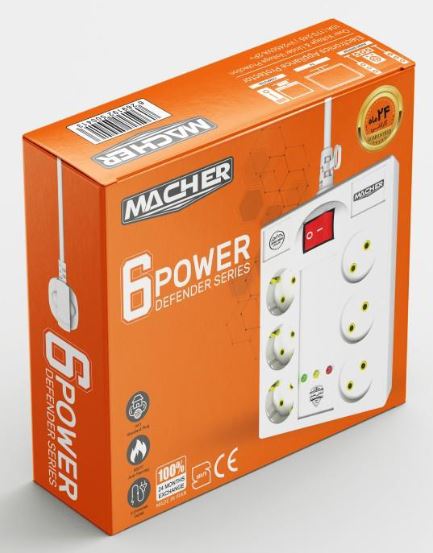 محافظ برق 6خانه 1/8متری MACHER MR-226 ارت دار مغزی سرامیکی